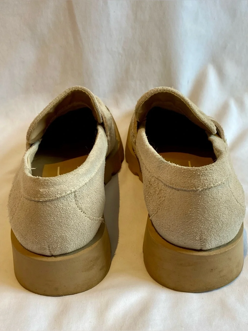 Dolce Vita Elias Beige Lug-Sole Suede Penny Loafers, size 7.5
